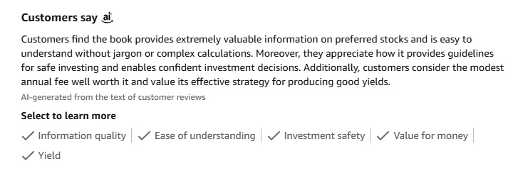 Customers find extremely valuable information on preferred stocks and appreciate the guidelines for safe investing, enabling confident investment decisions. Additionally, customers consider the modest annual fee well worth it and value its effective strategy for producing good yields.